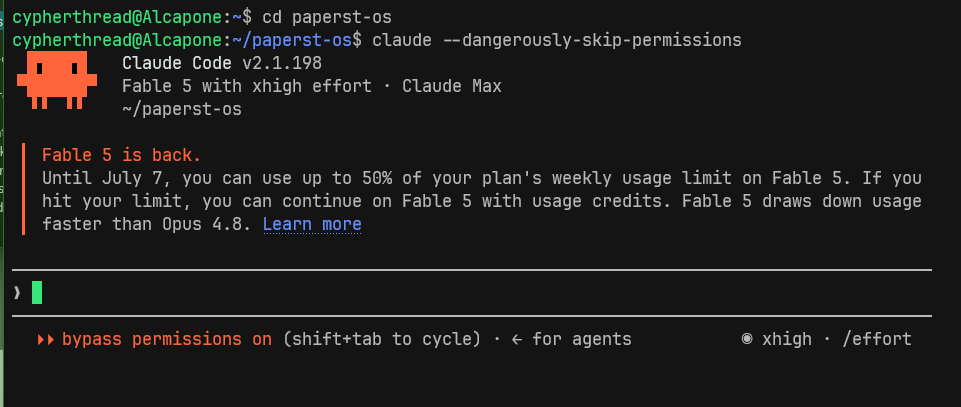 A Claude Code session started with dangerously-skip-permissions, running without prompts