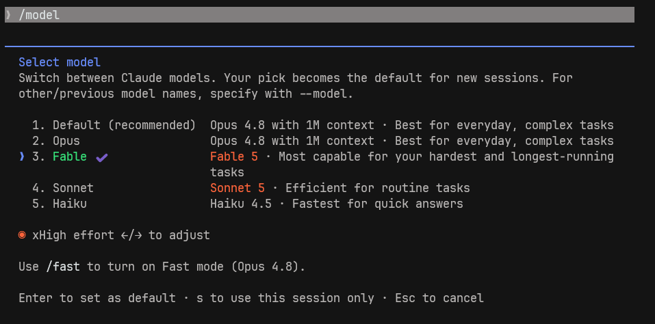 The /model picker in Claude Code