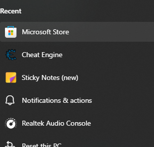Microsoft Store highlighted in the Windows Start menu Recent list
